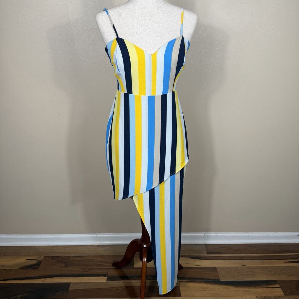 Material Girl Women’s Striped High Low Asymmetrical Dress Blue Yellow Bodycon M